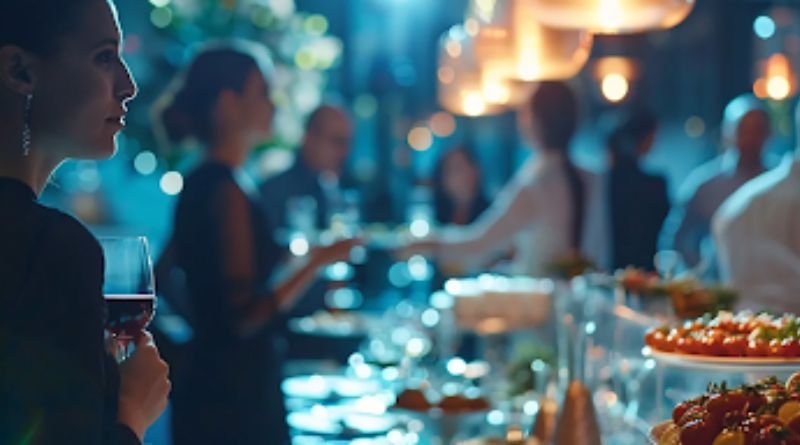 A festive gathering featuring a group of individuals sharing food and drinks, highlighting community and celebration