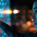 A woman examines a digital display related to AI enterprise search technology.