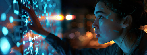 A woman examines a digital display related to AI enterprise search technology.