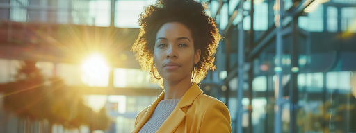 A woman in a yellow jacket stands in front of a building, symbolizing AI-driven insights in customer experience transformation.